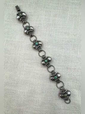 Antique Mexico Sterling Silver Natural Green Turquoise Link Bracelet 8"
